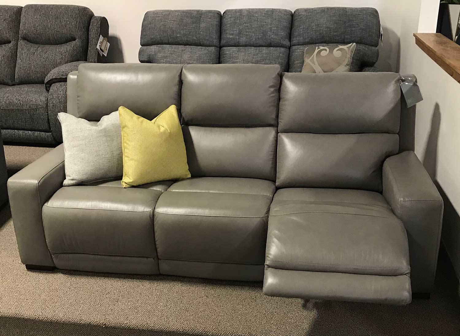 grey leather reclining sofa and chair